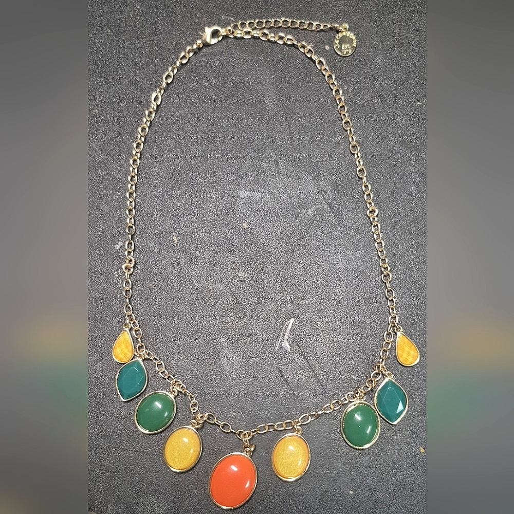 Liz Claiborne Signed Gold Tone Chain Necklace with Multicolor Faceted Gemstones